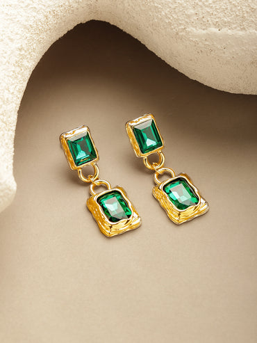Rubans Voguish 18K Gold-Plated Brass Emerald Green AD Textured Rectangle Drop Earrings