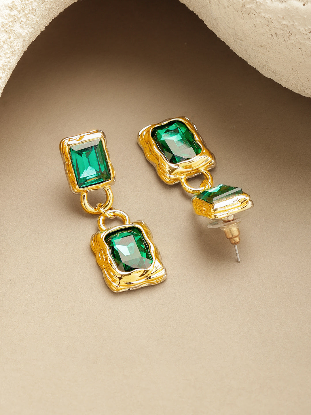 Rubans Voguish 18K Gold-Plated Brass Emerald Green AD Textured Rectangle Drop Earrings