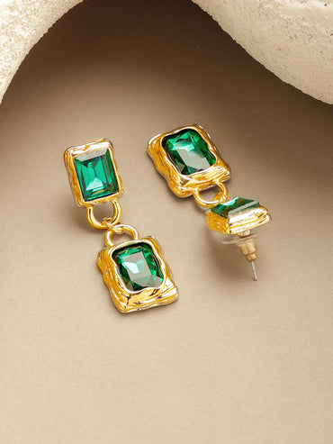 Rubans Voguish 18K Gold-Plated Brass Emerald Green AD Textured Rectangle Drop Earrings