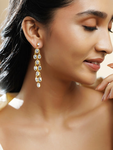 Rubans 18K Gold-Plated Clear Crystal Cascade Design Long Dangler Earrings