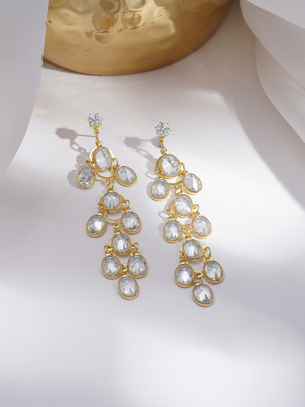 Rubans 18K Gold-Plated Clear Crystal Cascade Design Long Dangler Earrings