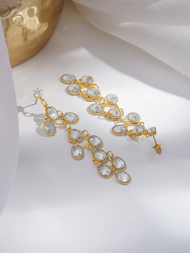 Rubans 18K Gold-Plated Clear Crystal Cascade Design Long Dangler Earrings