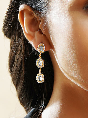 Rubans Voguish 18K Gold-Plated Clear Cubic Zirconia Triple Drop Dangler Earrings