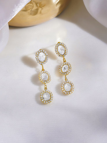 Rubans Voguish 18K Gold-Plated Clear Cubic Zirconia Triple Drop Dangler Earrings
