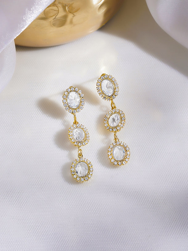 Rubans Voguish 18K Gold-Plated Clear Cubic Zirconia Triple Drop Dangler Earrings