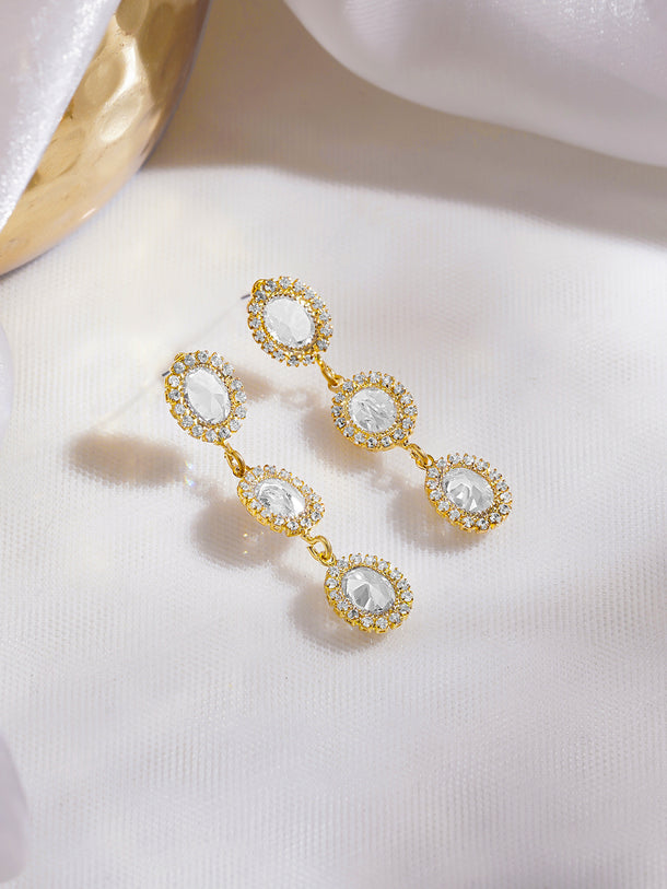 Rubans Voguish 18K Gold-Plated Clear Cubic Zirconia Triple Drop Dangler Earrings