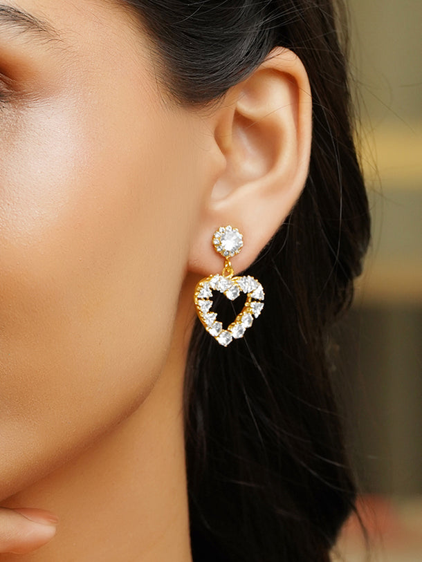 Rubans Voguish 18K Gold-Plated Crystal AD Embellished Heart-Shaped Drop Earrings