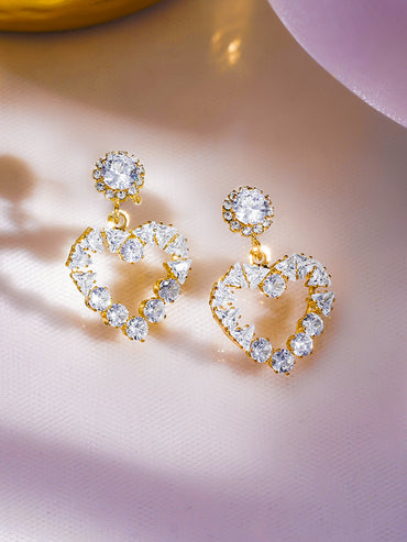 Rubans Voguish 18K Gold-Plated Crystal AD Embellished Heart-Shaped Drop Earrings