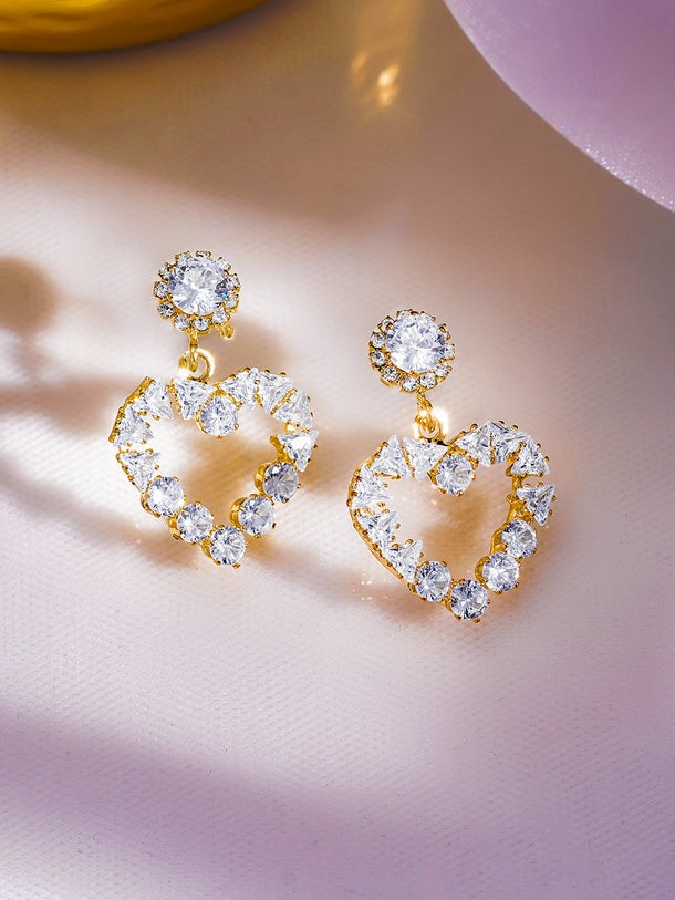 Rubans Voguish 18K Gold-Plated Crystal AD Embellished Heart-Shaped Drop Earrings