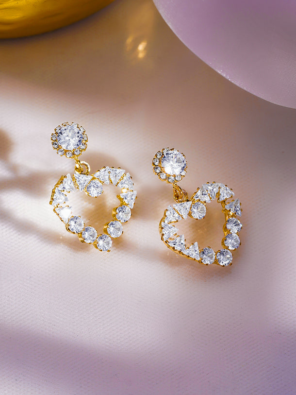 Rubans Voguish 18K Gold-Plated Crystal AD Embellished Heart-Shaped Drop Earrings