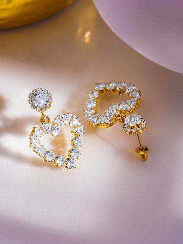 Rubans Voguish 18K Gold-Plated Crystal AD Embellished Heart-Shaped Drop Earrings