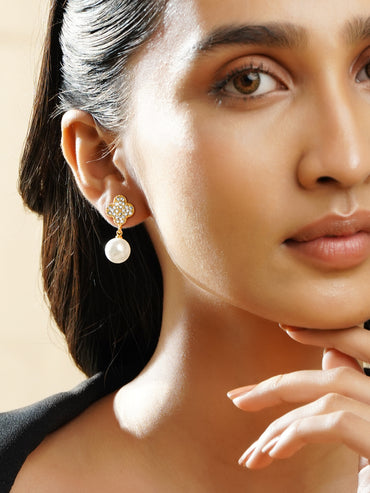 Rubans Voguish 18K Gold-Plated Cubic Zircon & White Pearl Drop Earrings