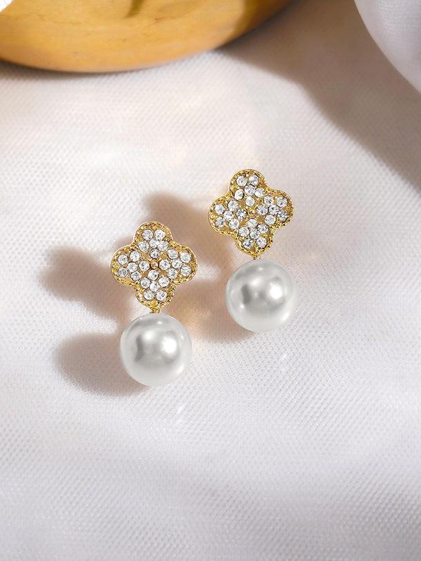 Rubans Voguish 18K Gold-Plated Cubic Zircon & White Pearl Drop Earrings