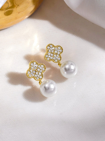 Rubans Voguish 18K Gold-Plated Cubic Zircon & White Pearl Drop Earrings