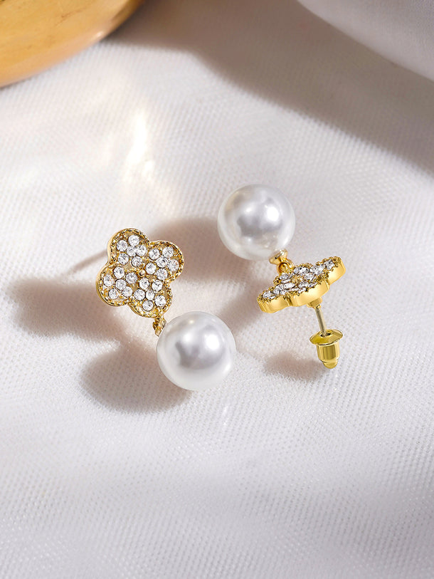 Rubans Voguish 18K Gold-Plated Cubic Zircon & White Pearl Drop Earrings