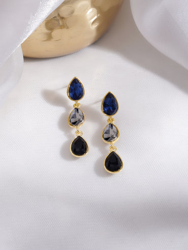 Rubans Voguish 18K Gold-Plated Blue Grey Black Zircon Triple Drop Earrings