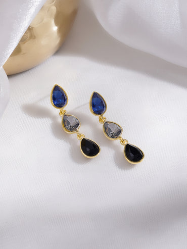 Rubans Voguish 18K Gold-Plated Blue Grey Black Zircon Triple Drop Earrings