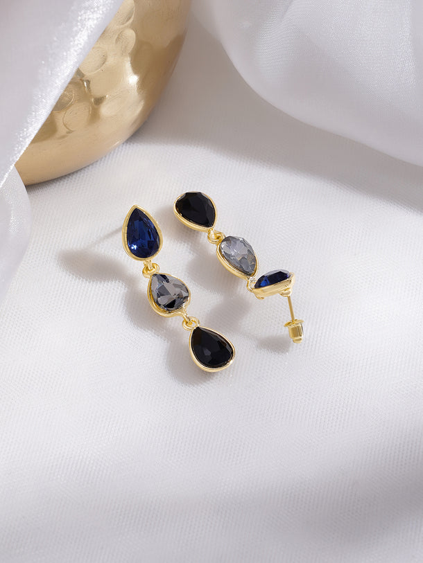 Rubans Voguish 18K Gold-Plated Blue Grey Black Zircon Triple Drop Earrings