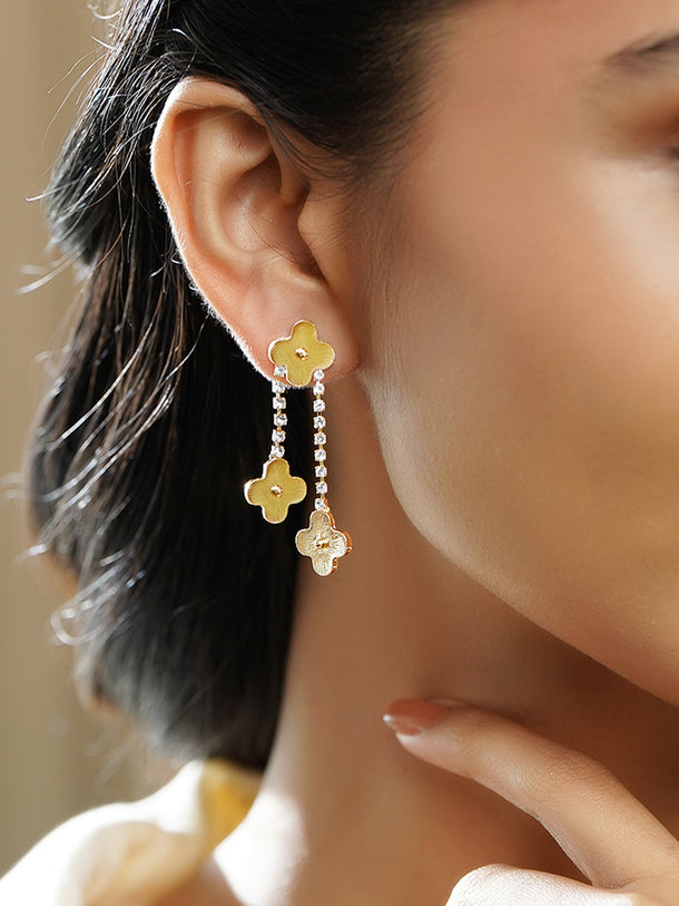 Rubans Voguish 18K Gold-Plated Floral Motif Drop Earrings with White AD Chain