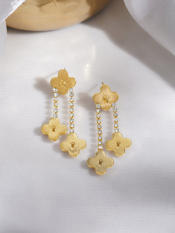 Rubans Voguish 18K Gold-Plated Floral Motif Drop Earrings with White AD Chain