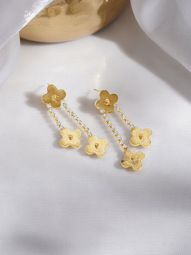 Rubans Voguish 18K Gold-Plated Floral Motif Drop Earrings with White AD Chain