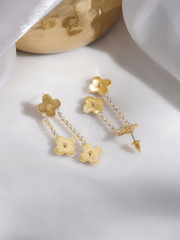 Rubans Voguish 18K Gold-Plated Floral Motif Drop Earrings with White AD Chain