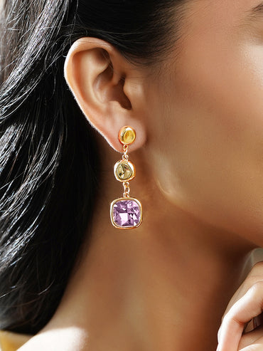 Rubans Voguish 18K Gold-Plated Lavender Crystal Stone Triple Drop Earrings