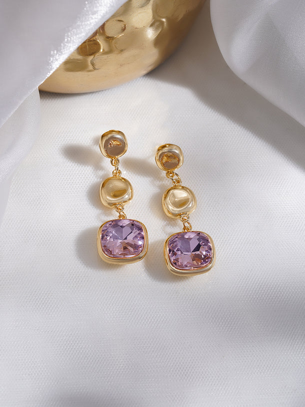 Rubans Voguish 18K Gold-Plated Lavender Crystal Stone Triple Drop Earrings