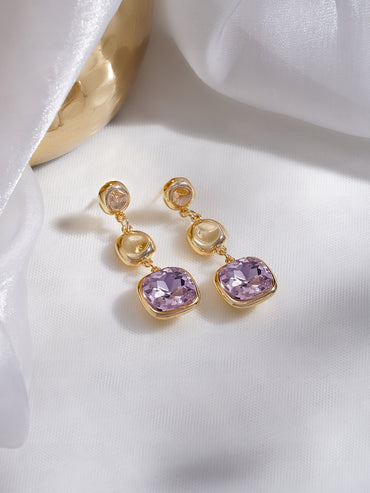 Rubans Voguish 18K Gold-Plated Lavender Crystal Stone Triple Drop Earrings