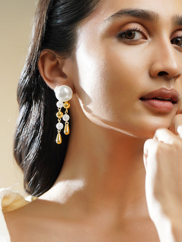 Gold & White Beaded Dangler Earrings