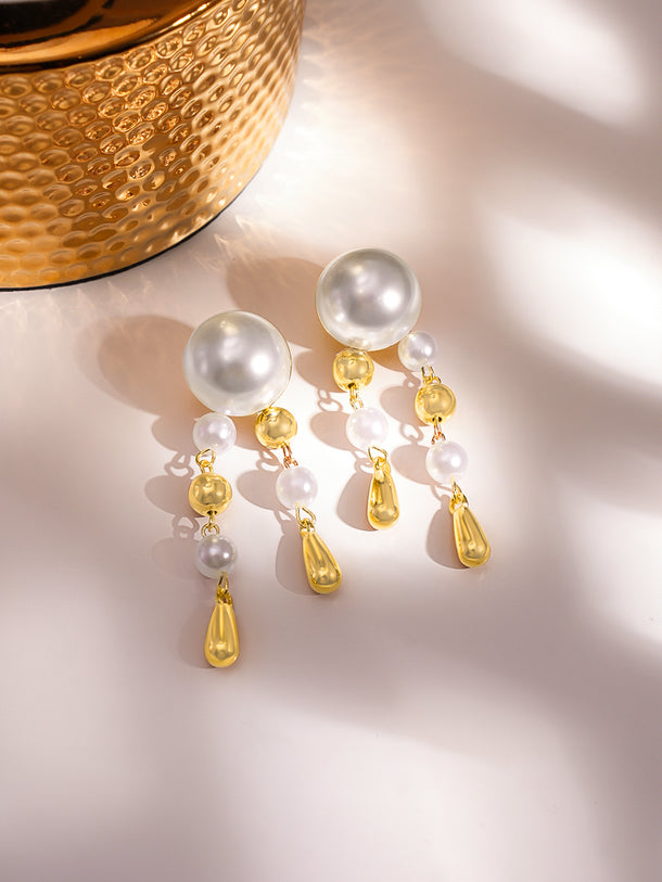 Gold & White Beaded Dangler Earrings