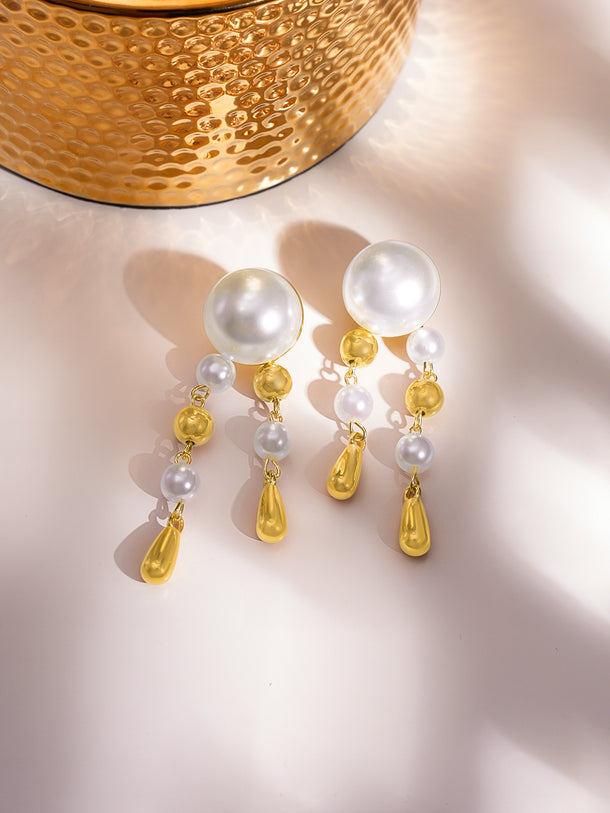 Gold & White Beaded Dangler Earrings