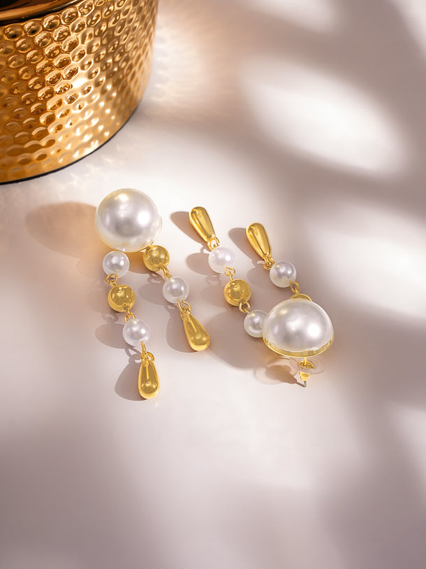 Gold & White Beaded Dangler Earrings