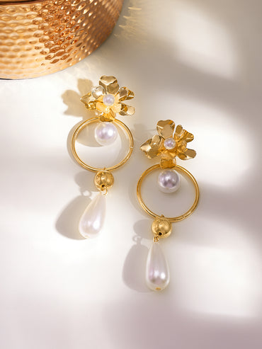 Gold Toned Pearl Drop Earrings