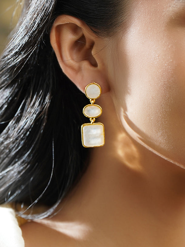Geometric White Studded Dangler Earrings