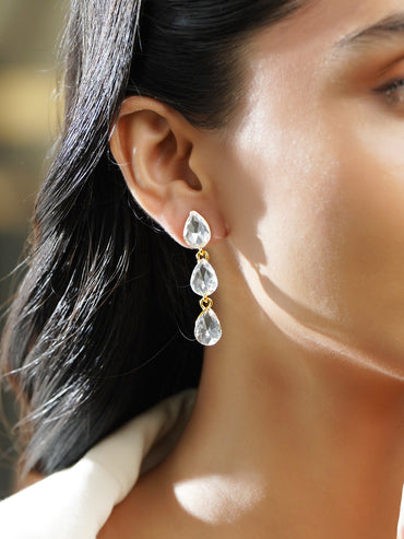 Rubans Voguish 18K Gold-Plated Triple Teardrop Clear Crystal Dangler Earrings