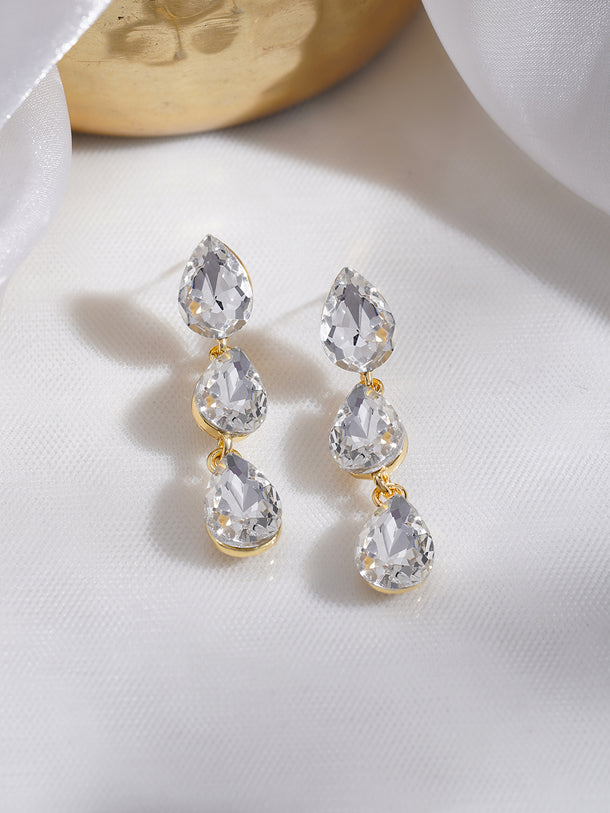 Rubans Voguish 18K Gold-Plated Triple Teardrop Clear Crystal Dangler Earrings