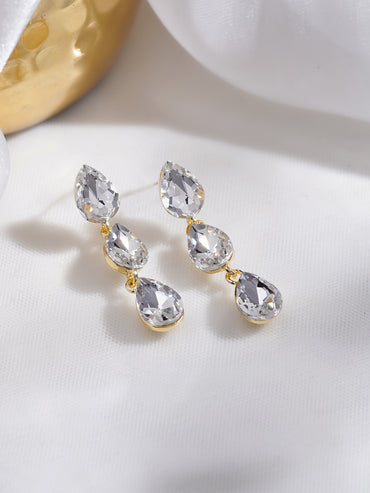Rubans Voguish 18K Gold-Plated Triple Teardrop Clear Crystal Dangler Earrings