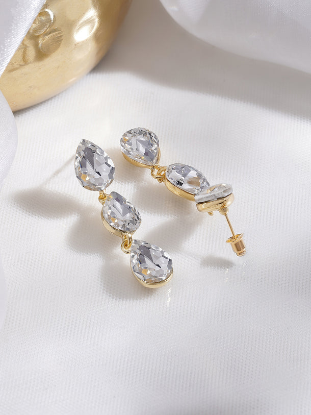 Rubans Voguish 18K Gold-Plated Triple Teardrop Clear Crystal Dangler Earrings