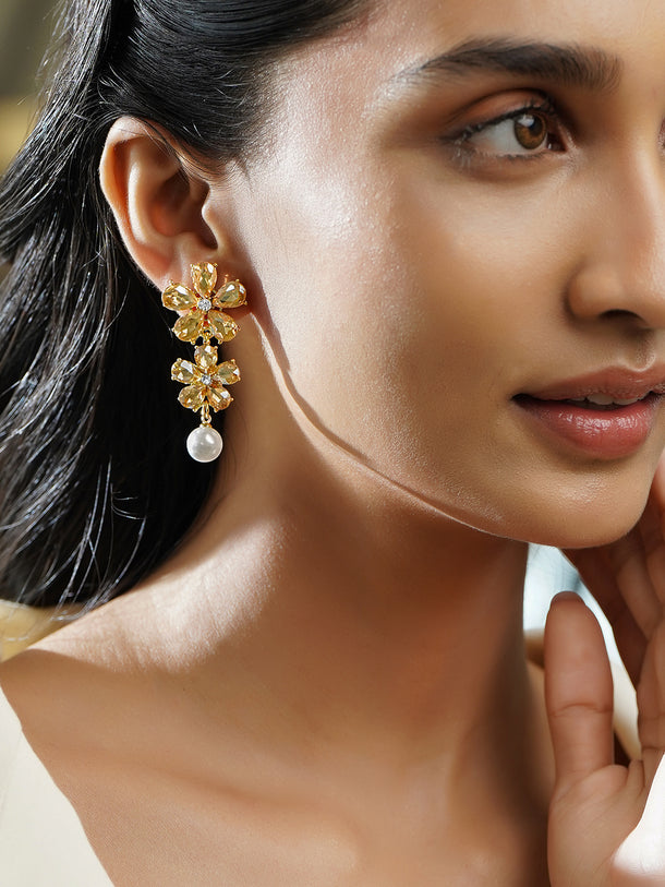 Rubans Voguish 18K Gold-Plated Floral Crystal & Pearl Drop Statement Earrings