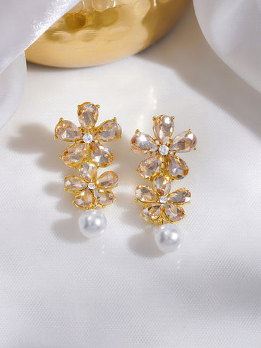 Rubans Voguish 18K Gold-Plated Floral Crystal & Pearl Drop Statement Earrings