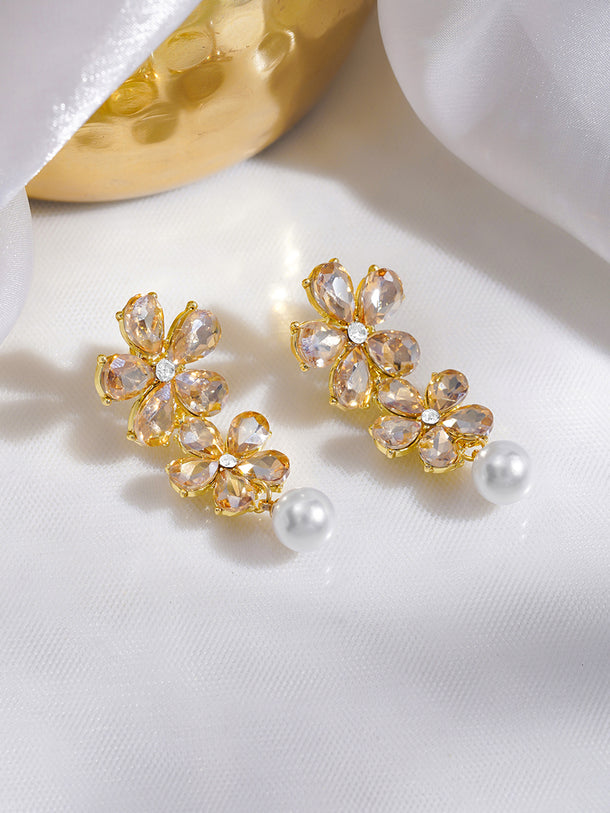 Rubans Voguish 18K Gold-Plated Floral Crystal & Pearl Drop Statement Earrings