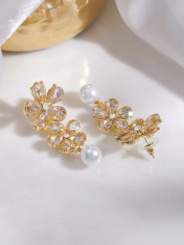 Rubans Voguish 18K Gold-Plated Floral Crystal & Pearl Drop Statement Earrings