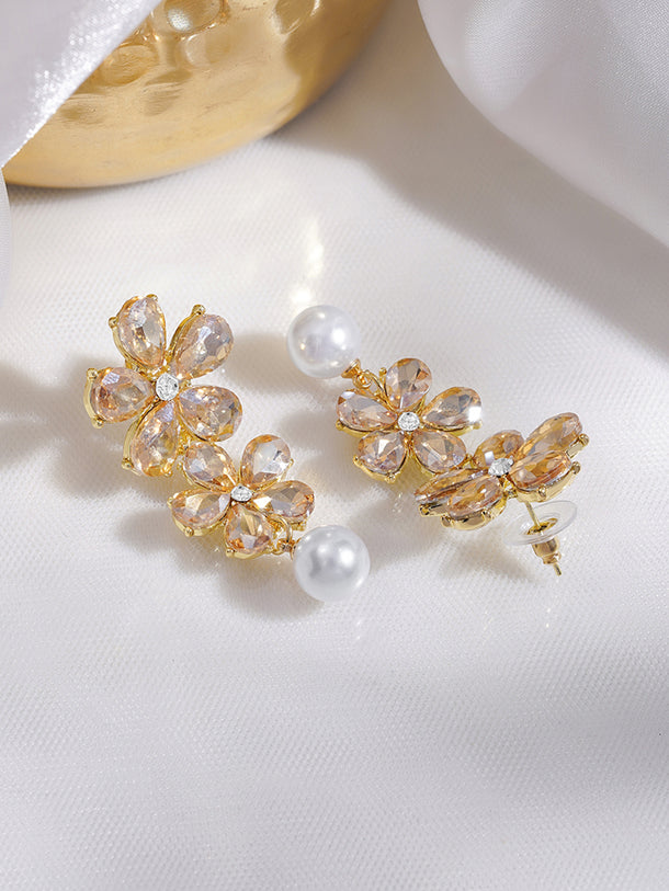 Rubans Voguish 18K Gold-Plated Floral Crystal & Pearl Drop Statement Earrings