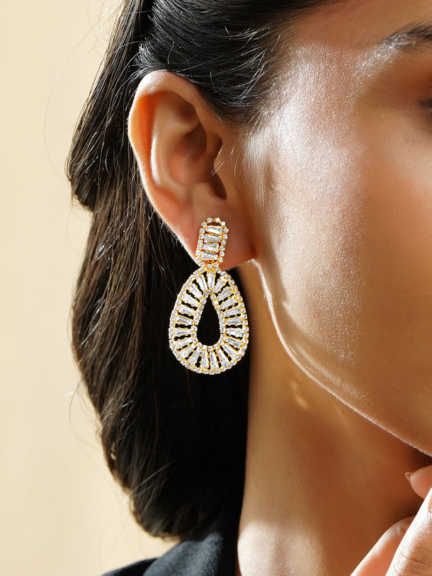 Rubans Voguish 18K Gold-Plated Clear Baguette Crystal Open-Loop Drop Earrings