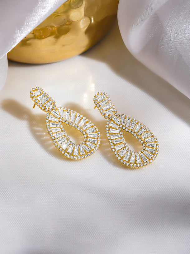 Rubans Voguish 18K Gold-Plated Clear Baguette Crystal Open-Loop Drop Earrings