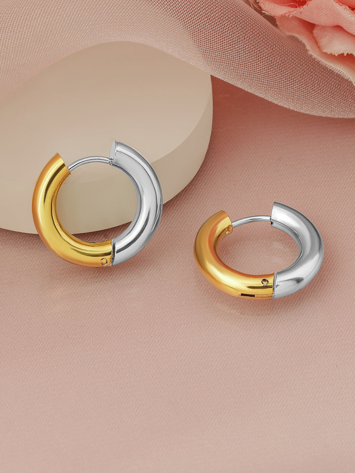 Rubans Dual Plated Rhodium & 18K Gold StainlessSteel Tarnish-Free Waterproof Hoop Earrings