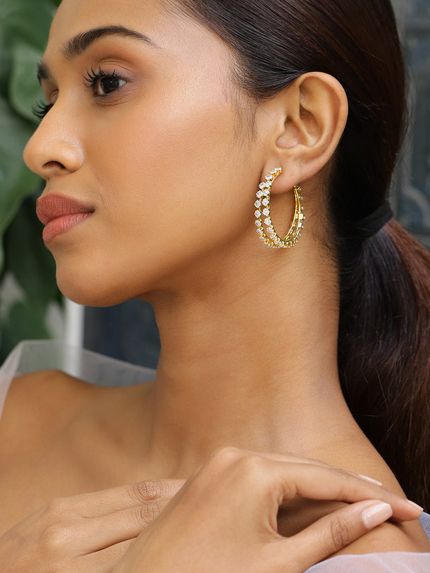 Gold Toned Crystal Studded Hoop Earrings