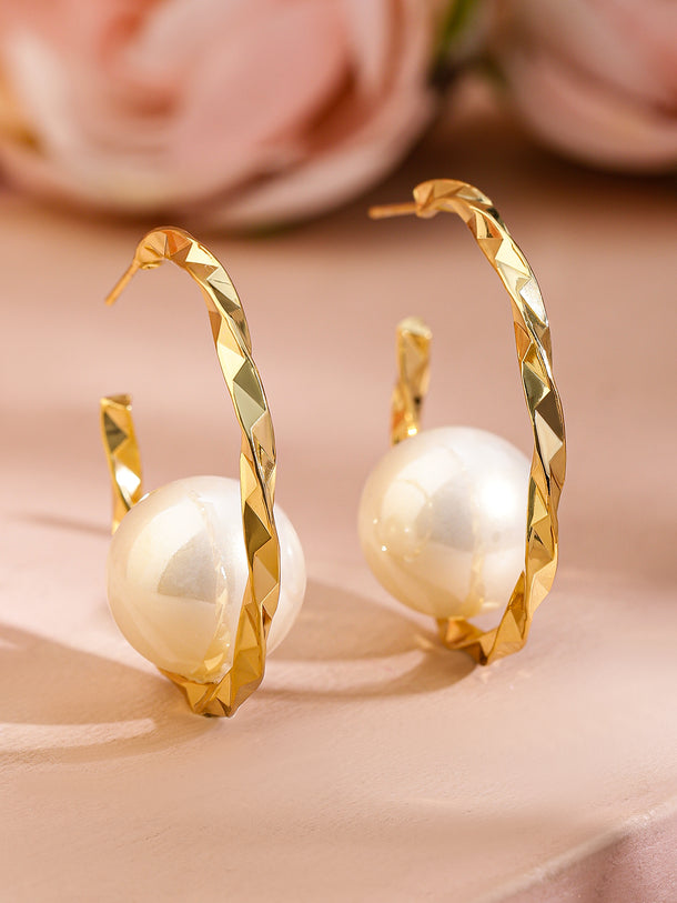 Sleek Golden Twist Pearl Hoops