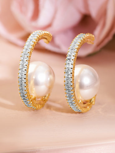 Adorned Pearl & American Diamond Zirconia Golden Hoops